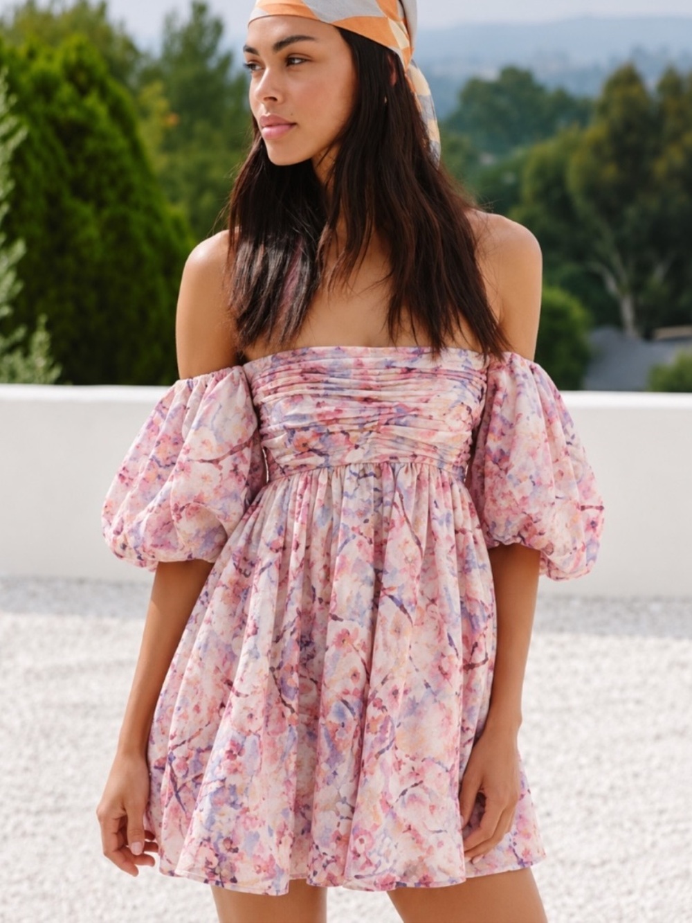 Bardot Kali Tuck Floral Mini Dress Pink Off Shoulder Puff Sleeve Size 10